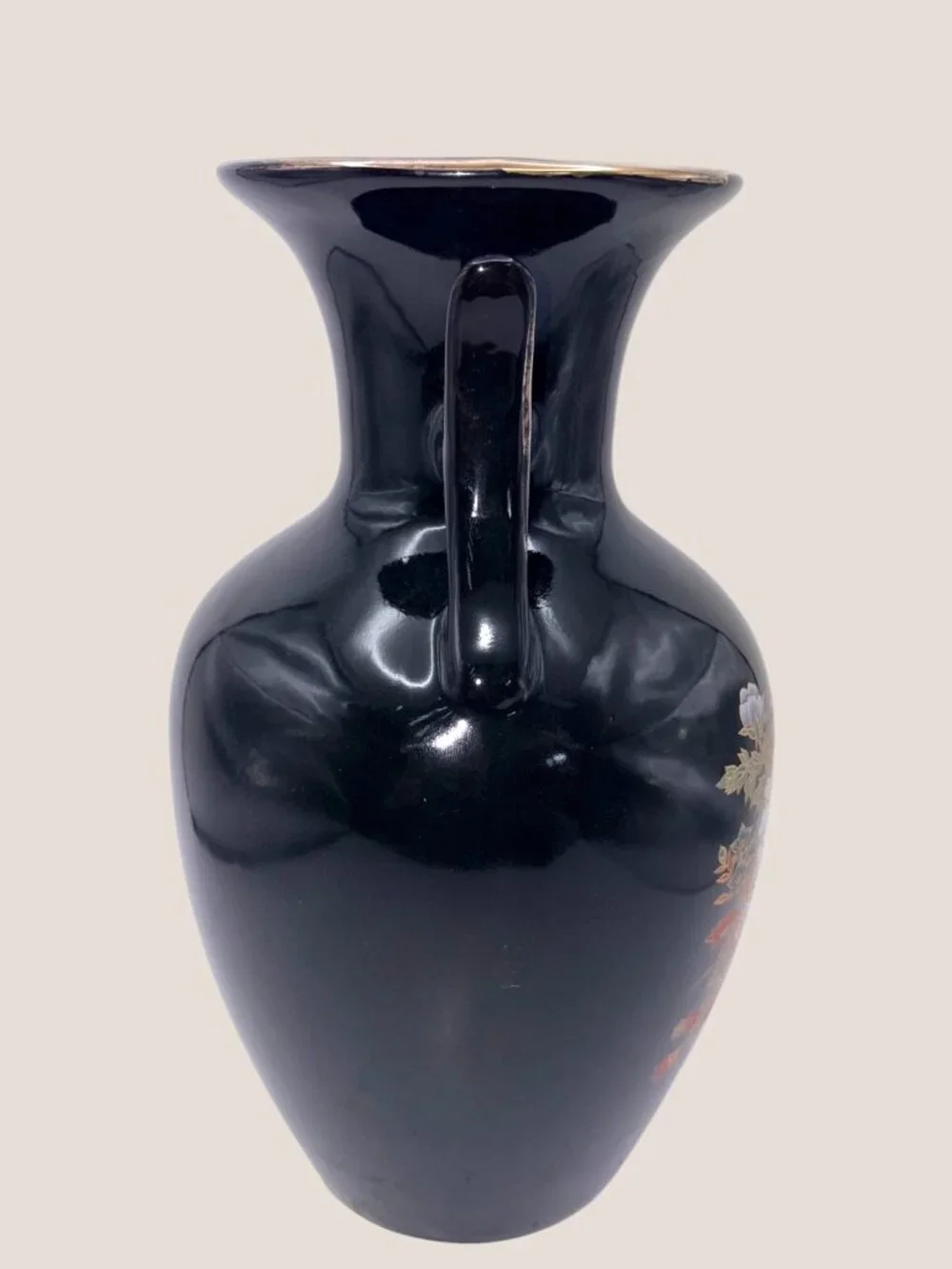 Vintage Black Japanese Floral Porcelain Vase Double Handle Gold Trim 10.5